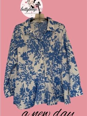 a new day Blue and White Floral Button-Up Blouse